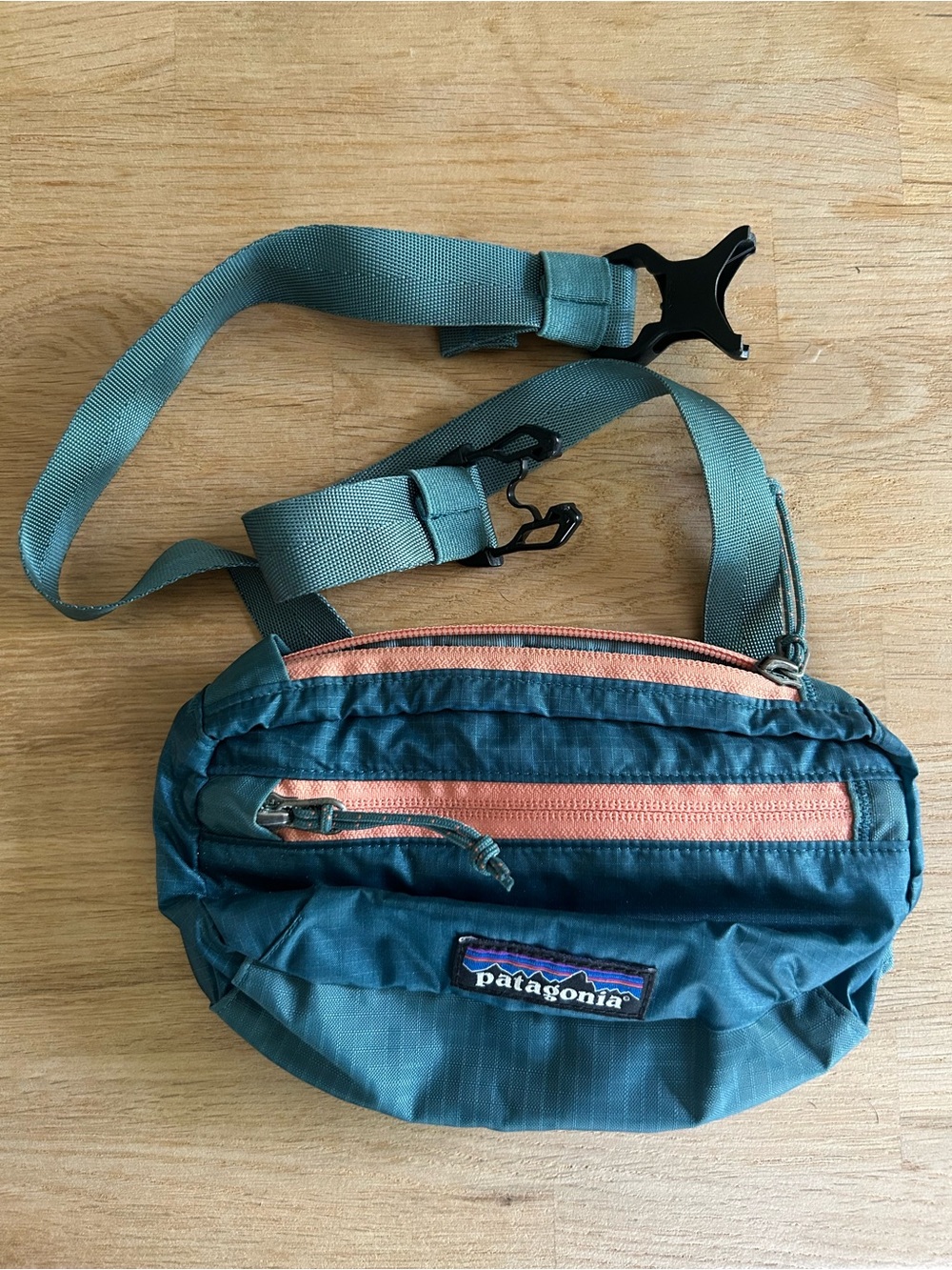 Patagonia Teal Waist Pack with Coral Zippers and Adjustable Strap